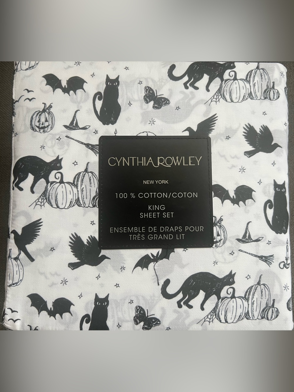CYNTHIA ROWLEY King Sheet Set Halloween Haunted Toile Cats Bats Black White 4PC